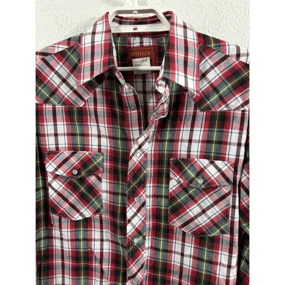 Rustler Shirt Mens Large Red Green Plaid Western Pearl Snap X-Long Tails - Picture 2 of 6